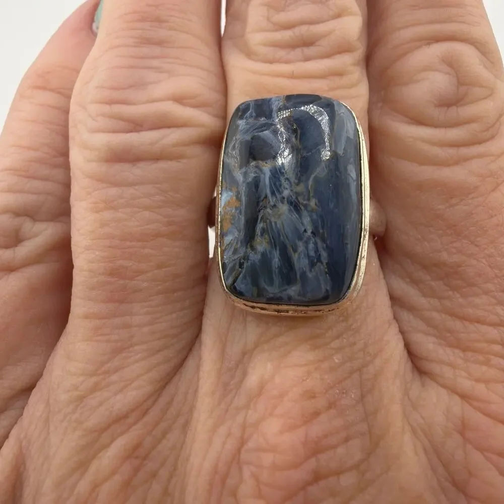 Rectangular Blue Pietersite Sterling Silver Ring Artisan Jewelry 8.5